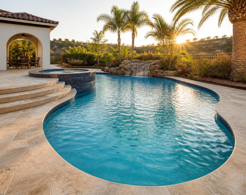 Remodeled swimming pool with fresh plaster and clear blue water